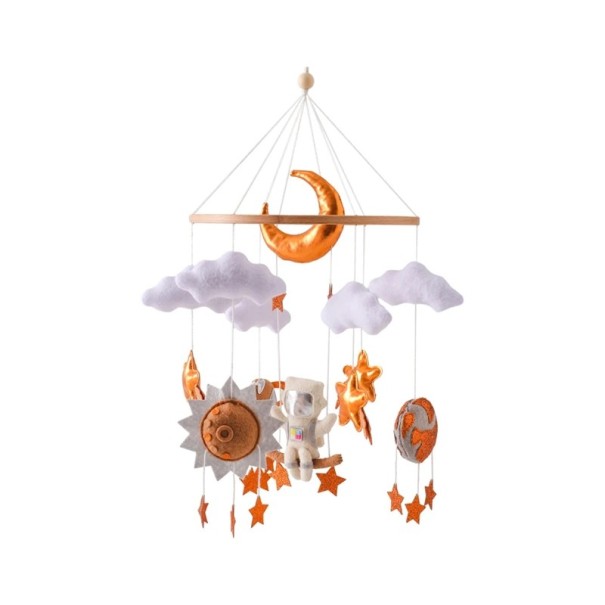 Children's Hanging Mobile in Orange Colour to Hang Above the Cot, with Astronaut Motif, for Soothing, Ideal for Baby's Sleep 1