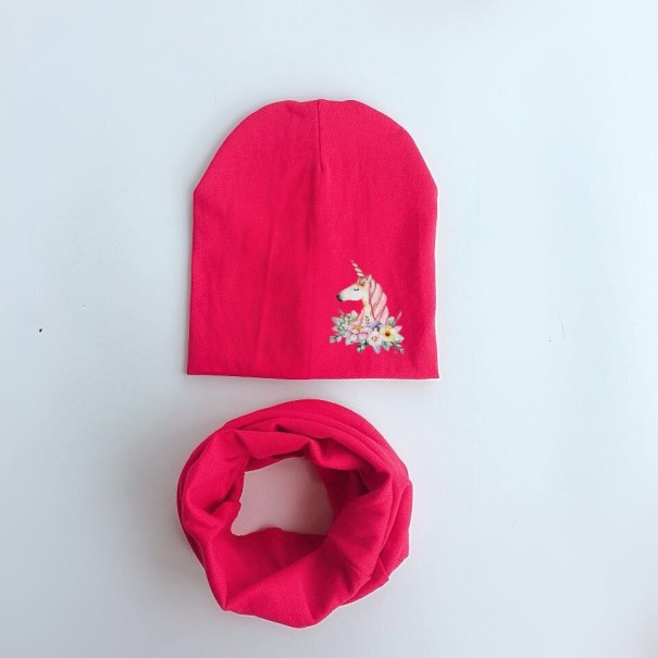 Children's Hat and Neck Warmer Set with Unicorn dark pink 1-3 years