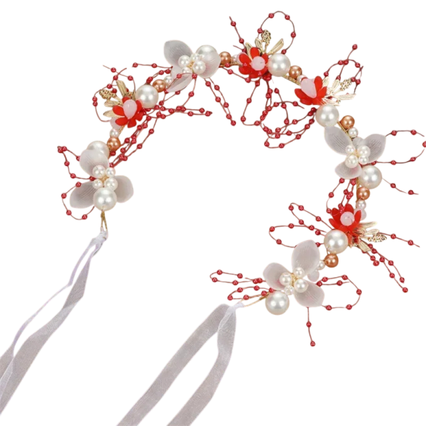 Children's Headband Floral Wreath 38 cm Elegant Fairy Crown Metal Headband with Pearls Princess Birthday Accessories Hair Catwalk red