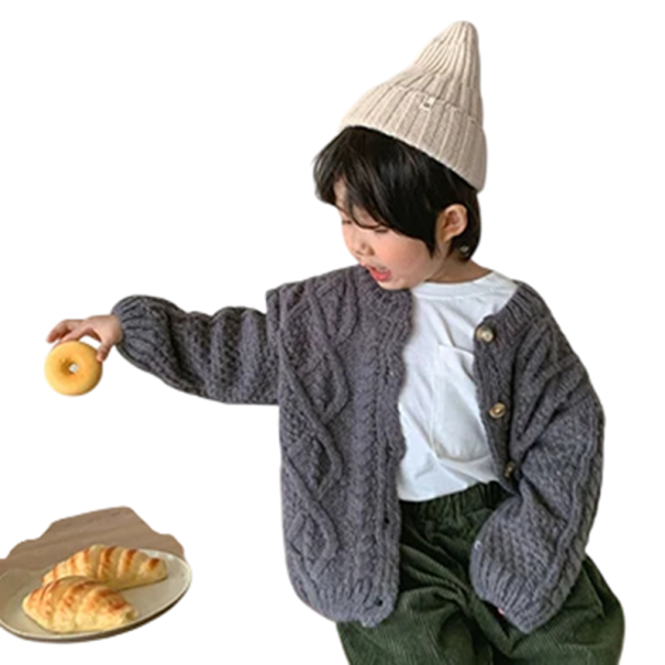 Children's Knitted Cardigan Thick Wool Button-Up Retro Hemp Jacket for Boys and Girls Plain Autumn and Winter Jumper Various Colours grey 5