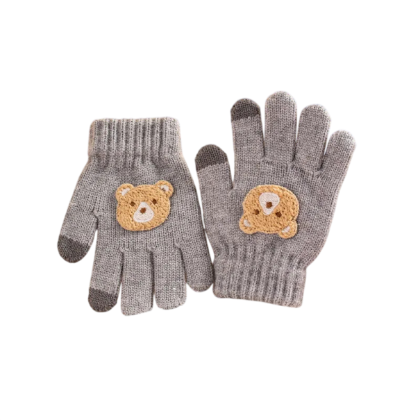 Children's Knitted Gloves Size 2–6 Years Bear Pattern Warm Winter Gloves for Outdoor Use grey