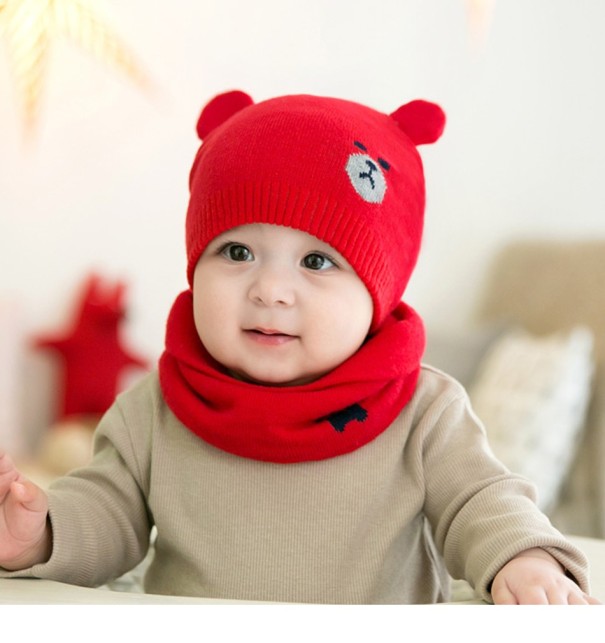 Children's Knitted Hat with Ears + Neck Warmer J2460 red