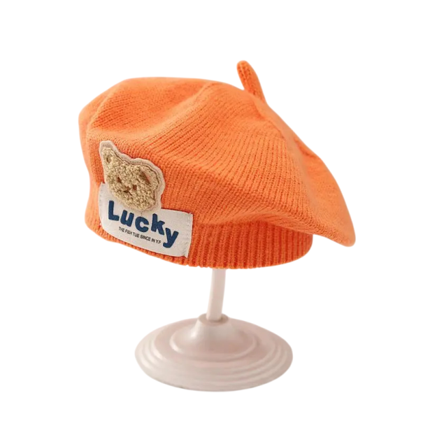 Children's Knitted Winter Beret 1–3 Years Polyester Warm Beret with Teddy Bear Soft Children's Winter Hat Cute Accessory orange