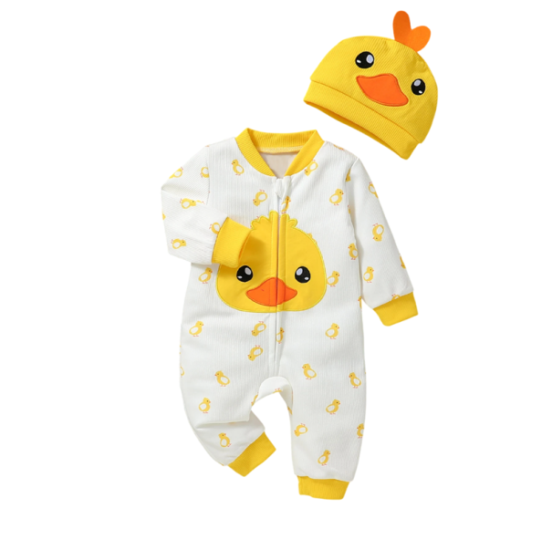 Children's Long Sleeve Romper with Duck Pattern Hat Unisex Newborn Set O-Neck Polyester Spandex Zip Fashion Streetwear 18-24 months