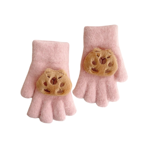 Children's Plush Gloves Universal Size Warm Gloves with Plush Capybara Pattern Made of Cotton for Winter Wear pink