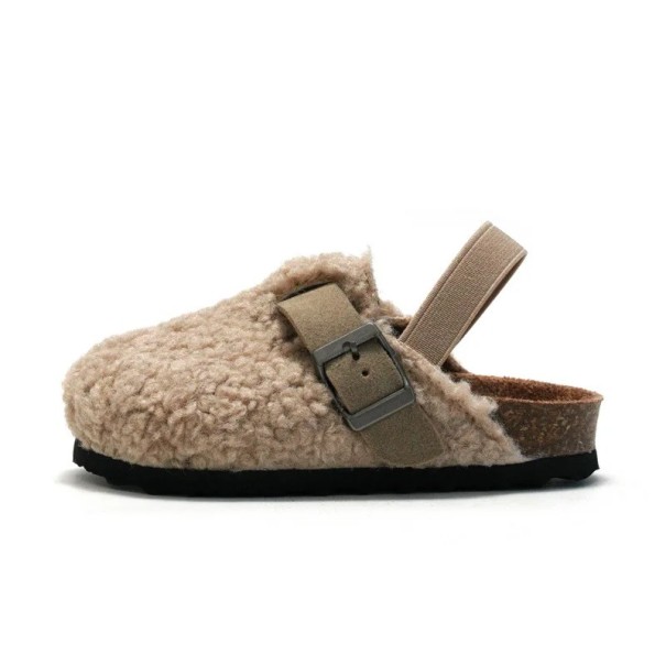 Children's Plush Sandals with Elastic Back Strap Cork Slippers with Faux Fur Comfortable Footwear for Children Indoor and Outdoor Use beige 32
