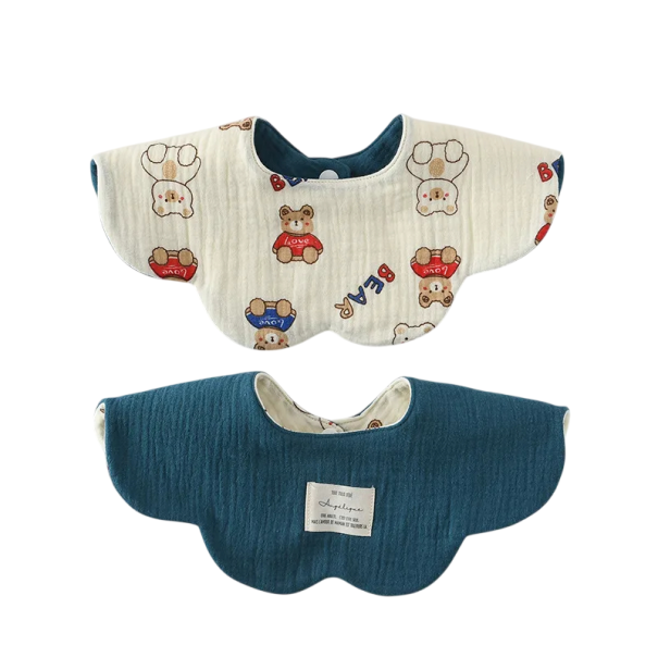 Children's Reversible Bib Beige Side with Bears in Red and Blue T-Shirts Dark Blue Smooth Side Wavy Edge Snap Fastener at the Neck 1