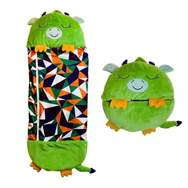 Children's Sleeping Bag 160x60 cm, Green with Dinosaur Design, Zip Fastening, Built-in Pillow and Practical Handle 1