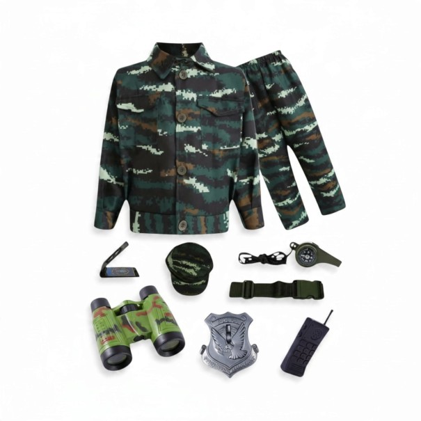 Children's Soldier Costume Camouflage Uniform with Cap Binoculars Badge and Walkie-Talkie Whistle with Compass Polyester For Carnival army green 3