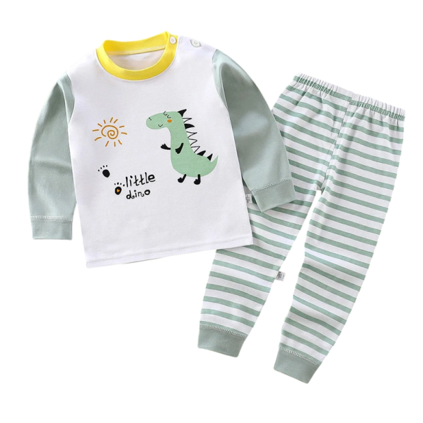 Children's Striped Green Set with Dinosaur Print Long Sleeve T-Shirt and Elasticated Trousers Unisex Cotton Outfit 2