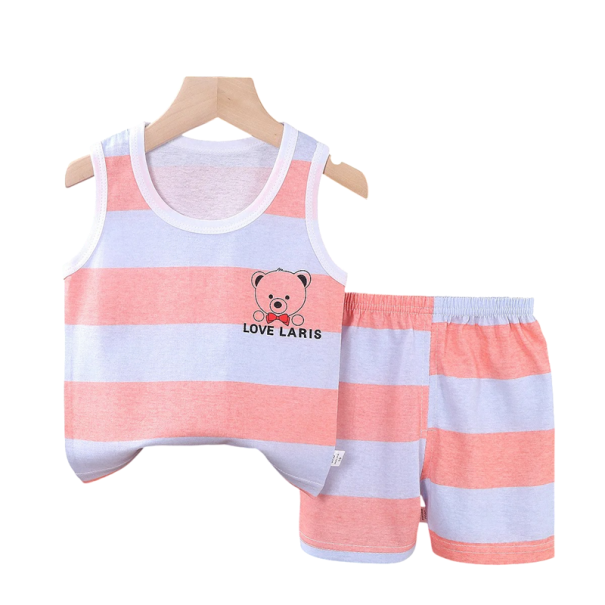Children's Striped Pink Set with Bear Tank Top with Wide Straps and Elasticated Shorts Unisex Cotton Outfit 5