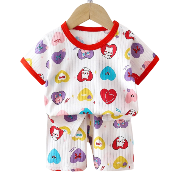 Children's Summer Set Unisex T-Shirt with Short Sleeves and Buttons Elasticated Shorts O-Neck White Heart Print 12-18 months