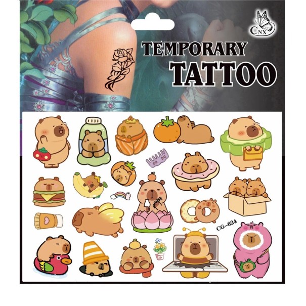 Children's Temporary Tattoo Capybara Mix of Designs Cute Capybara Tattoos with Food and Accessories Colourful Stick-On Tattoos for Children 1