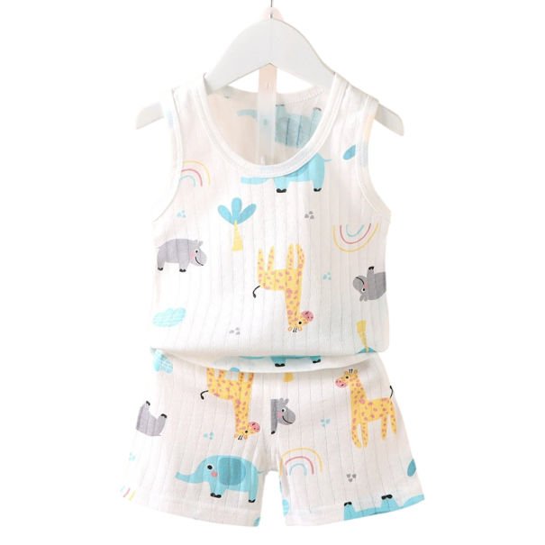 Children's Unisex Top and Shorts Set with Elastic Waist and Pockets White Colour Cartoon Animals O Neck 9-12 months