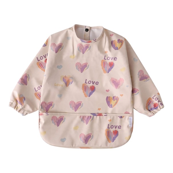 Children's Waterproof Bib with Long Sleeves and Heart Print Beige Apron for Toddlers with Pocket and Snap Fastener at the Neck 6-12 months