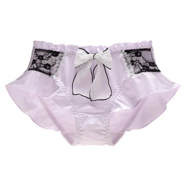 Chiloți din mătase pentru femei cu laterale din dantelă și volănașe decorative cu fundiță la talie, lenjerie sexy netedă și lucioasă pentru purtare zilnică violet S