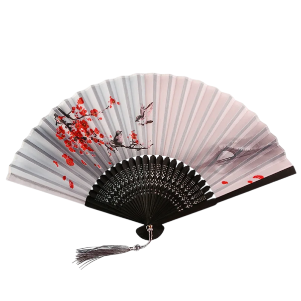 Chinese Women's Bamboo Fan Black-Pink with Red Flowering Branch Elegant Folding Fan Traditional Style Decoration Oriental Accessory 1