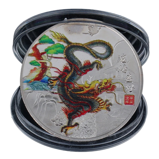 Chinesischer Drache-Gedenkmünze, 4 cm, chinesisches Tierkreiszeichen, Drache-Sammelmünze, bemalt, vergoldet, chinesische Drachenmünze, Metallmünze zum Jahr des Drachen, in durchsichtigem Einband 3