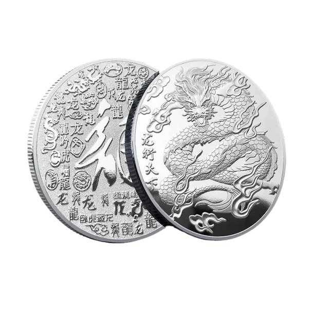 Chinesischer Drache, Metallmünze, Sammlerstück, chinesische Glücksmünze, vergoldet, mythische Drachenmünze, versilberte Münze mit chinesischen Schriftzeichen, 4 cm silbern