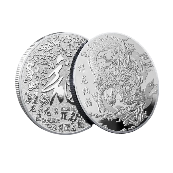 Chiński smok Metalowa moneta Kolekcjonerska chińska szczęśliwa moneta Pozłacana mityczny smok Chińskie znaki Moneta Tradycyjny chiński styl Posrebrzana moneta 4 cm srebrny