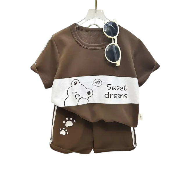 Chlapčenská hnedá letná súprava tričko s krátkym rukávom a kraťasmi Potlač medveďa Sweet Dreams Otlačok labky Výstrih do O 4