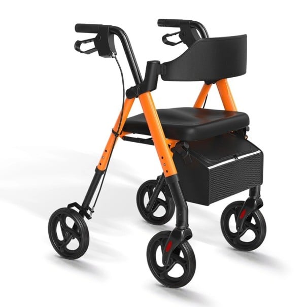 Chodítko se sedátkem pro seniory skládací nastavitelné 52–66 cm výška sedu nosnost 150 kg pro podporu chůze oranžová