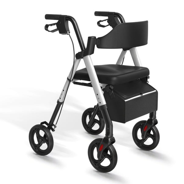 Chodítko so sedátkom pre seniorov skladacie nastaviteľné 52–66 cm výška sedu nosnosť 150 kg pre podporu chôdze strieborná