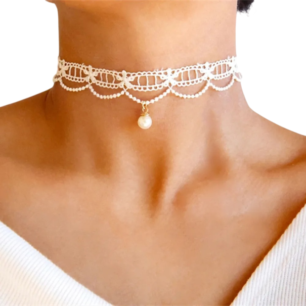 Choker blanc pour femme avec dentelle et pendentif perle, à fermoir, accessoire de mode élégant pour les occasions festives et quotidiennes 1