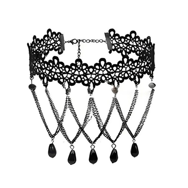 Choker de renda feminino com correntes pendentes e pingentes em forma de gota com fecho 32 + 5 cm colar para o pescoço renda preta acessório 1