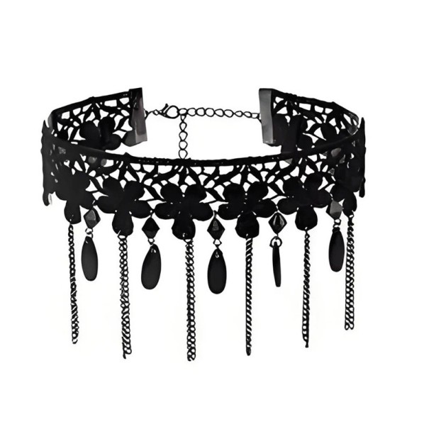 Choker de renda feminino com padrão floral e correntes pendentes com fecho 32 + 5 cm colar renda preto para o pescoço acessório 1