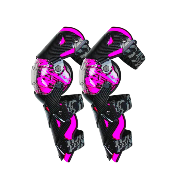 Chrániče kolen na motorku kloubové 30–180° délka 44 cm s elastickými popruhy 30 cm ochranné pro motokros a terénní jízdu fialová