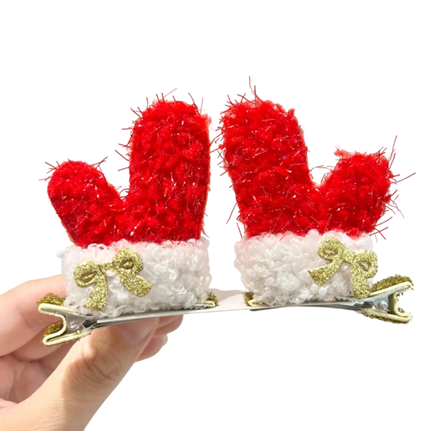 Christmas Hair Clips Red and White Gloves with Gold Bow Stylish Accessory for Christmas Hairstyle and Winter Festive Decoration 1