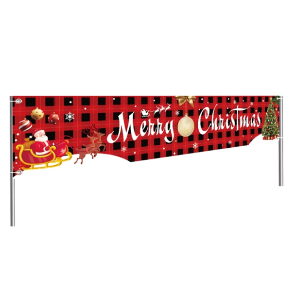 Christmas Outdoor Banner 200 x 40 cm Black-Red Checkered with Santa in a Sleigh and Tree with White Merry Christmas Decoration 1