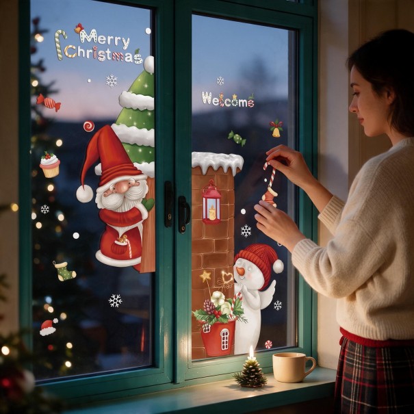 Christmas Window Stickers Reusable Santa and Snowman by the Chimney Merry Christmas and Welcome Red Door Decoration 1