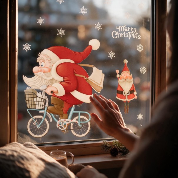 Christmas Window Stickers Reusable Santa Claus on Bicycle with Basket Merry Christmas Writing and Snowflakes Red Display Decoration 1