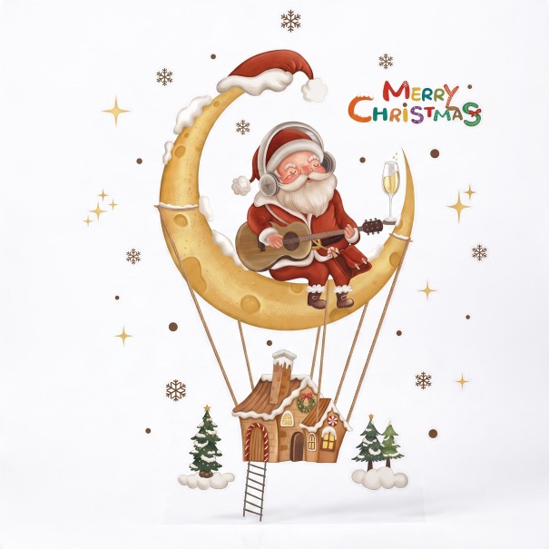 Christmas Window Stickers Reusable Santa on a Crescent Moon Playing Guitar House and Trees Gold Display Decoration 1