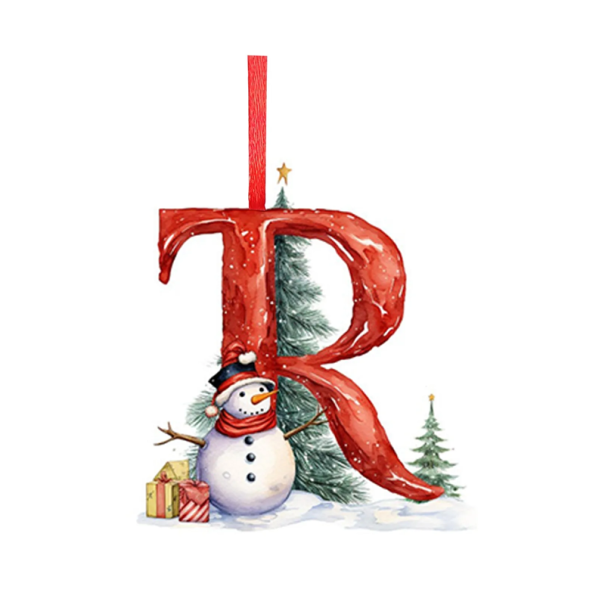 Χριστουγεννιάτικη διακόσμηση δέντρου 8 x 7 εκ. Ακρυλικό κόκκινο γράμμα R με χιονάνθρωπο 2D διακόσμηση με κορδέλα Χριστουγεννιάτικη κρεμαστή διακόσμηση 1