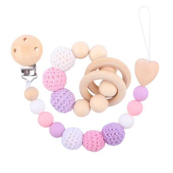 Chupeta de silicone com clip Pérolas de madeira e silicone Brinquedo para bebés 0–36 meses Pulseira calmante e mordedor roxo