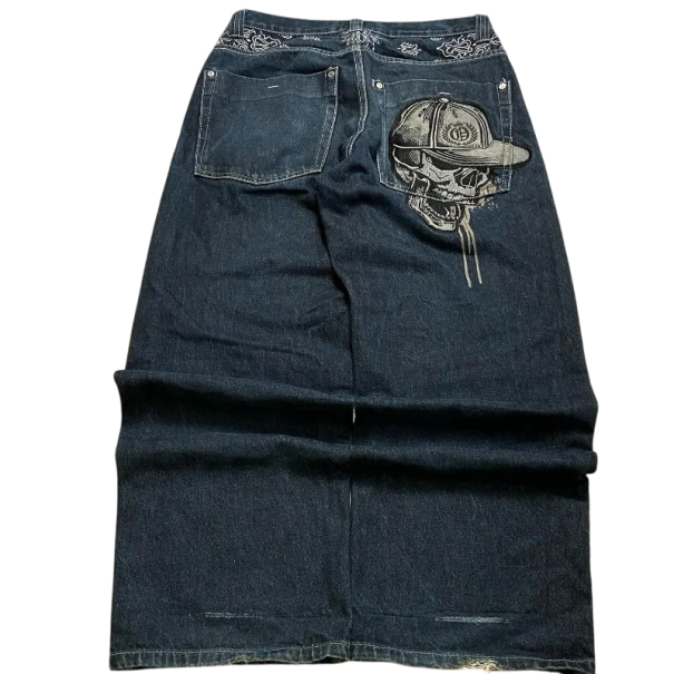 Ciemnoniebieskie, vintage, luźne jeansy z haftem czaszki, damskie, z wysokim stanem i szerokimi nogawkami, swobodne, luźne jeansy w stylu ulicznym 1