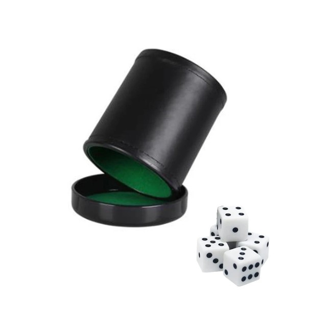 Cilindro per lanciare dadi con coperchio Set di 6 dadi in tubo Bicchiere da viaggio per dadi per giochi Yahtzee Poker Divertimento in famiglia verde