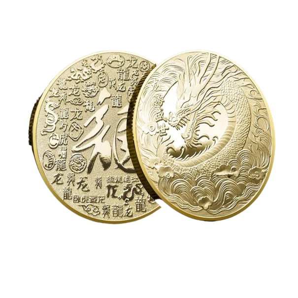 Čínska kovová minca s motívom draka Zberateľská minca pre šťastie s čínskym drakom Pozlátená minca s mýtickým drakom a čínskymi znakmi Postriebrená minca v tradičnom čínskom štýle 4 cm zlatá