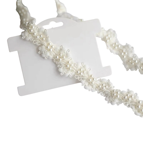 Cinta de encaje con imitación de perlas 2 cm x 91 cm Mezcla de poliéster y algodón encaje decorativo con perlas para adornar vestidos prendas 1