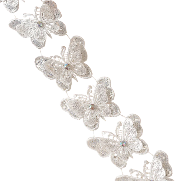 Cinta de encaje con lentejuelas y motivo de mariposas 6 cm x 1 m Cinta decorativa de poliéster con lentejuelas para adornar vestidos, prendas, accesorios y decoraciones 1