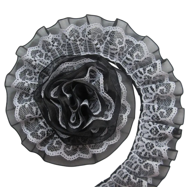 Cinta de encaje de dos capas 182 cm Ancho 4 cm Encaje decorativo de poliéster para coser adornos de prendas decoraciones textil manualidades negro