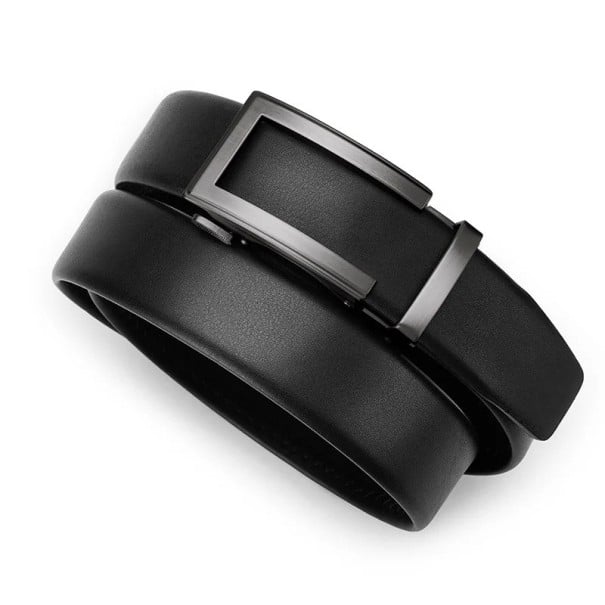 Cinto de pele preto para homem com fivela automática Acessório de moda elegante em pele genuína Comprimento ajustável Adequado cinzento 130 cm