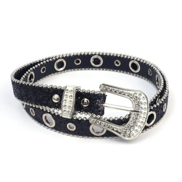 Cinto feminino com pedras preciosas em pele PU 104 x 2,3 cm Cinto elegante com brilhantes Acessório de moda estiloso para calças, vestidos preto