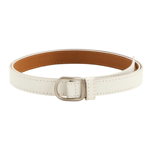 Cinto feminino perfurado em pele PU 105 x 1,8 cm Cinto elegante com padrão delicado Cinto estreito ajustável para vestidos Saias Calças branco