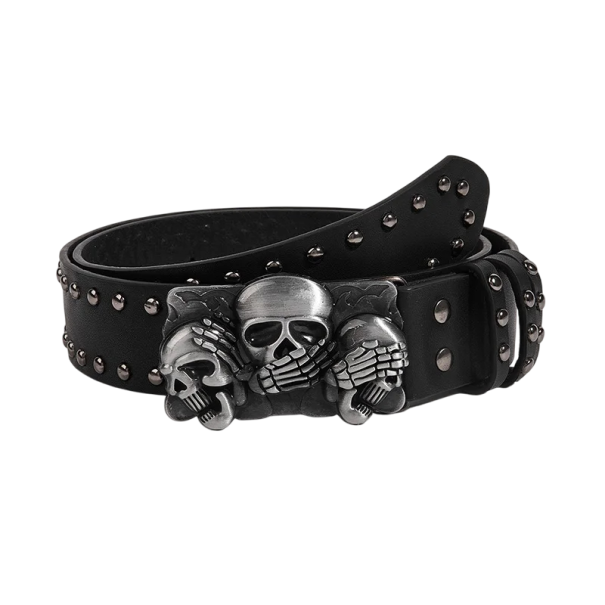 Cintura in pelle nera con borchie metalliche 105 x 3,8 cm Fibbia con motivo teschi Accessorio stiloso Moda rock Gotico Punk cintura unisex 1