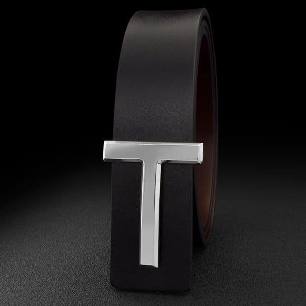 Cinturón de hombre fabricado en piel auténtica, de 3,7 cm de ancho. Elegante cinturón de piel con hebilla metálica. Accesorio clásico. Mano negro
