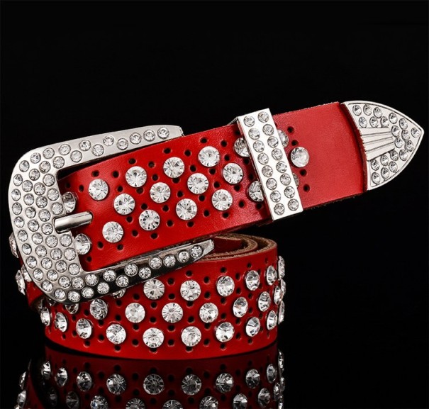 Cinturón de piel moderno con piedras de lujo J3049 rojo 105 cm